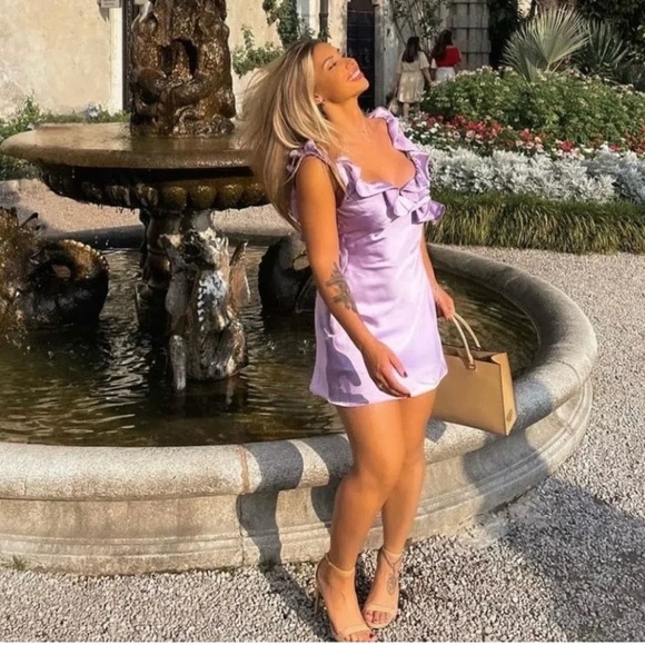 House of CB TINK ORCHID SATIN RUFFLE MINI DRESS. Size M - Picture 3 of 7